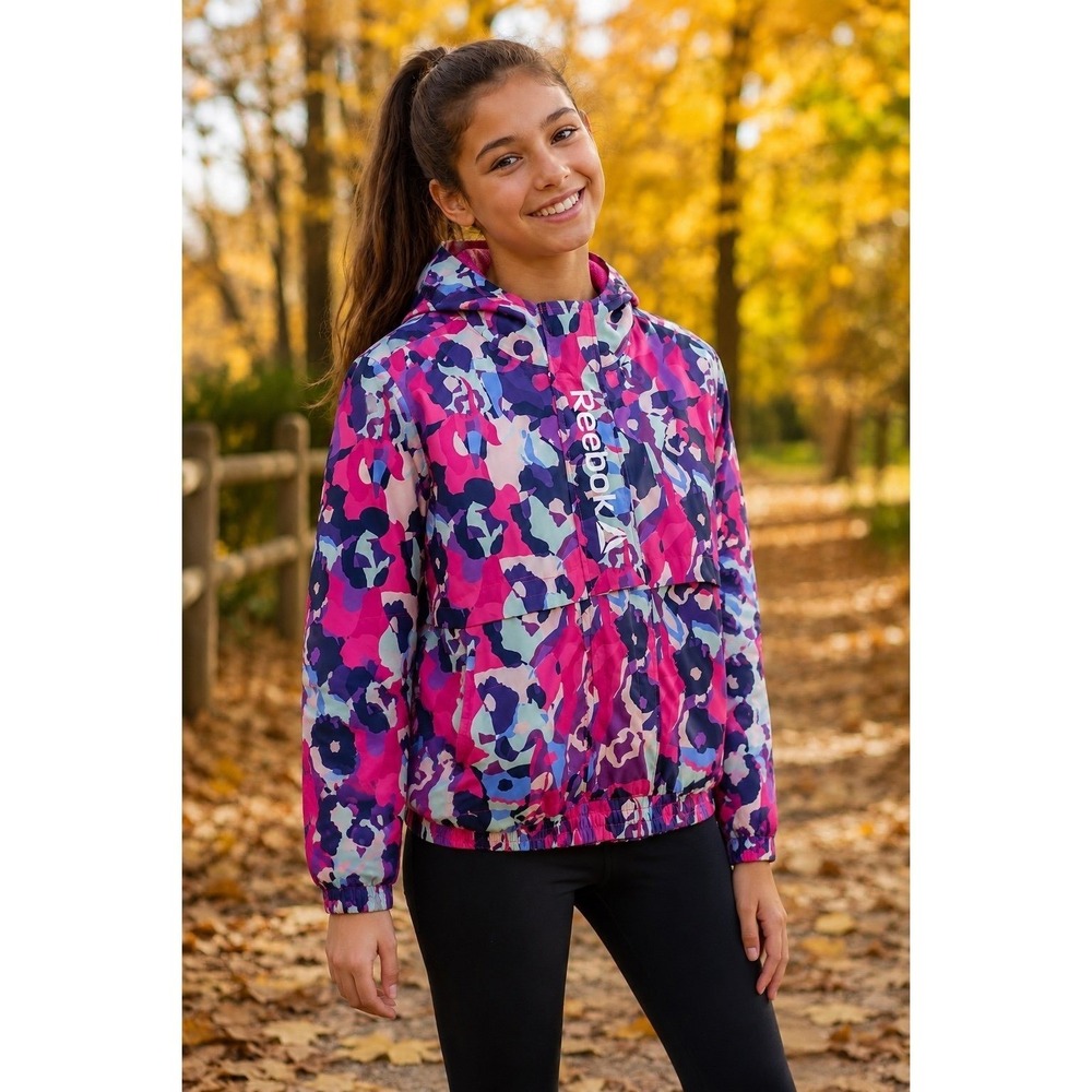 Reebok Girls XL 14/16 Hooded Windbreaker Jacket Pink Camo Lightweight‎